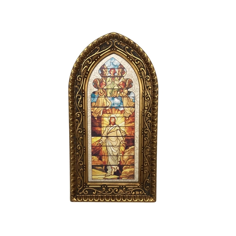 Vintage Style Jesus and Angels Faux Stained Glass Arched Gold Tone Frame 8.5in